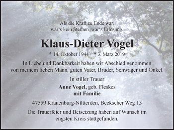 Traueranzeige von Klaus-Dieter Vogel von Klever Wochenblatt