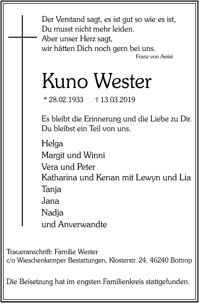  Traueranzeige für Kuno Wester vom 20.03.2019 aus Stadtspiegel Bottrop