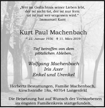 Traueranzeige von Kurt Paul Machenbach von Wochen-Anzeiger Langenfeld/Monheim/Hilden