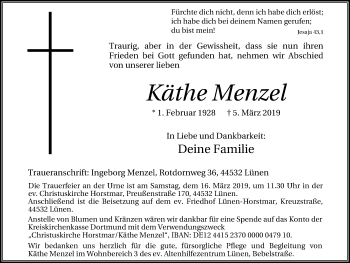 Traueranzeige von Käthe Menzel von Lüner Anzeiger