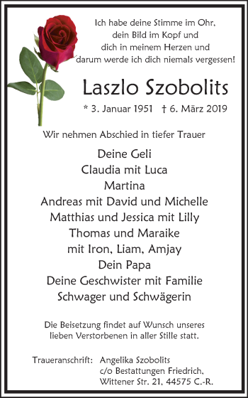 Traueranzeige von Laszlo Szobolits von Stadtanz.Castrop-Rauxel