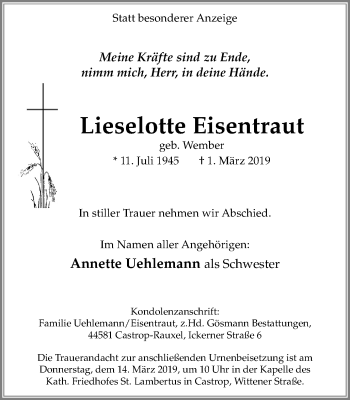 Traueranzeige von Lieselotte Eisentraut von Stadtanz.Castrop-Rauxel