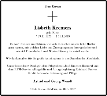 Traueranzeige von Lisbeth Kremers von Klever Wochenblatt