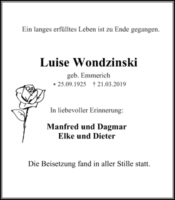 Traueranzeige von Luise Wondzinski von Stadtspiegel Bochum