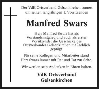 Traueranzeige von Manfred Swars von Stadtspiegel Gelsenkirchen