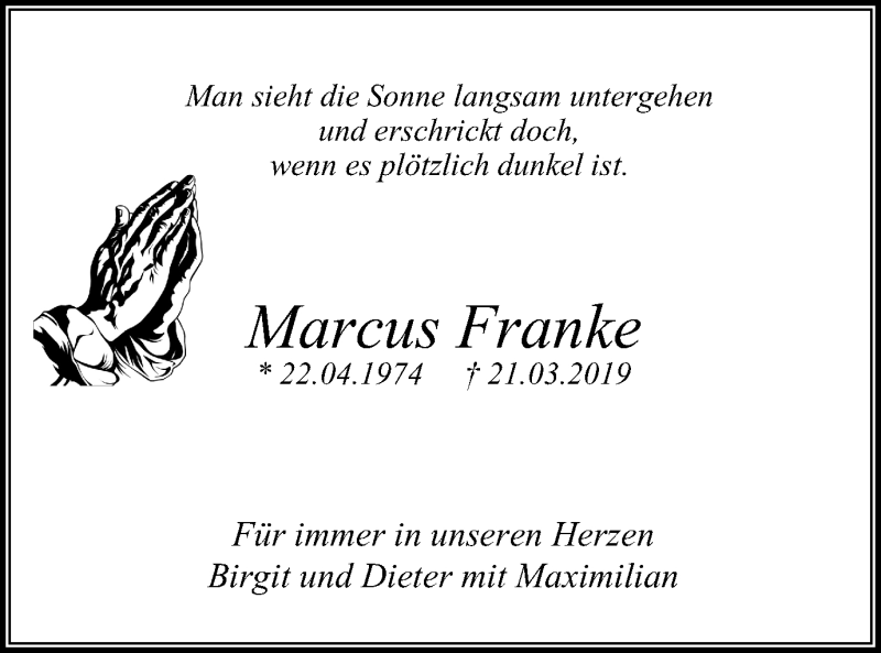  Traueranzeige für Marcus Franke vom 30.03.2019 aus Stadtspiegel Bochum