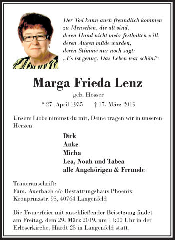 Traueranzeige von Marga Frieda Lenz von Wochen-Anzeiger Langenfeld/Monheim/Hilden