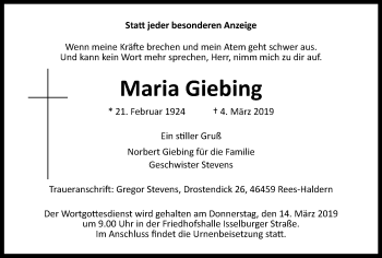 Traueranzeige von Maria Giebing von Stadtanzeiger Emmerich/Rees/Isselburg