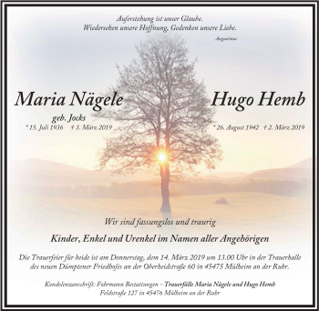 Traueranzeige von Maria Nägele von Mülheimer Woche