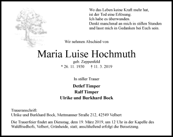 Traueranzeige von Maria Luise Hochmuth von Stadtanzeiger Velbert + Heiligenhaus