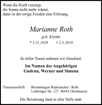 Traueranzeige von Marianne Roth von Wochen-Anzeiger Oberhausen