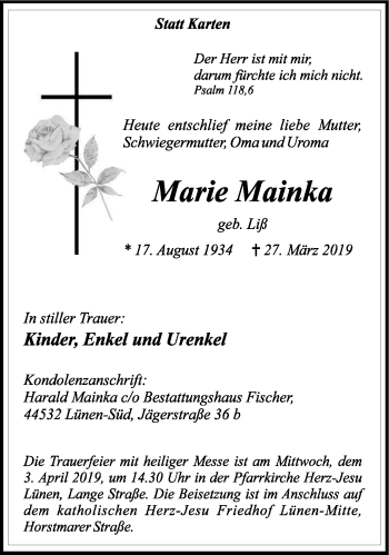 Traueranzeige von Marie Mainka von Lüner Anzeiger