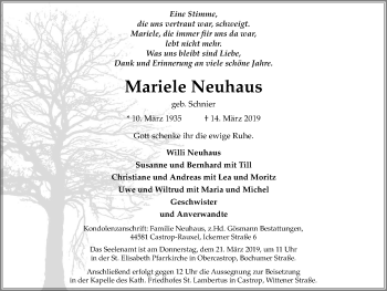 Traueranzeige von Mariele Neuhaus von Stadtanz.Castrop-Rauxel