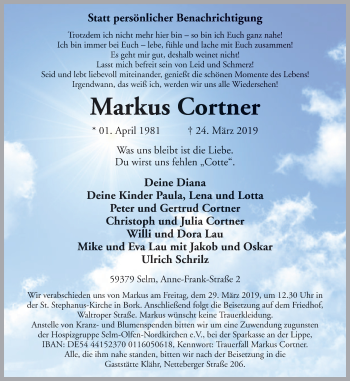 Traueranzeige von Markus Cortner von Lüner Anzeiger