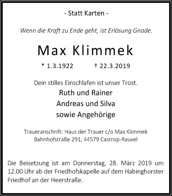Traueranzeige von Max Klimmek von Stadtanz.Castrop-Rauxel