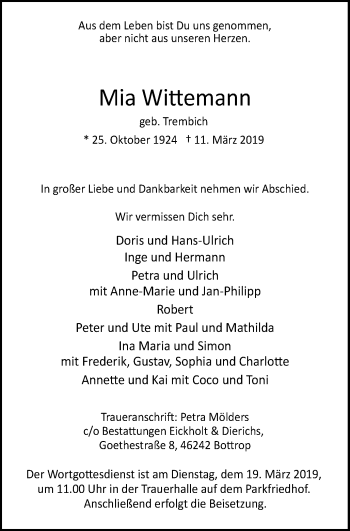 Traueranzeige von Mia Wittemann von Stadtspiegel Bottrop