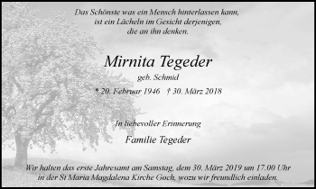 Traueranzeige von Mirnita Tegeder von Gocher Wochenblatt