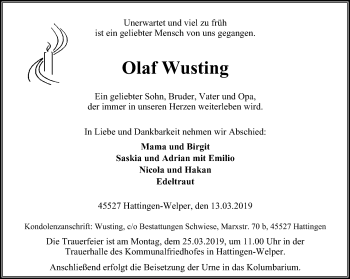 Traueranzeige von Olaf Wusting von Stadtspiegel Hattingen/Niedersprockhövel