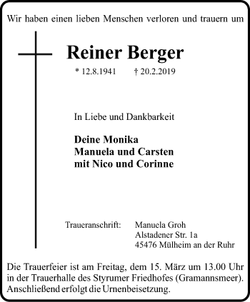 Traueranzeige von Reiner Berger von Mülheimer Woche
