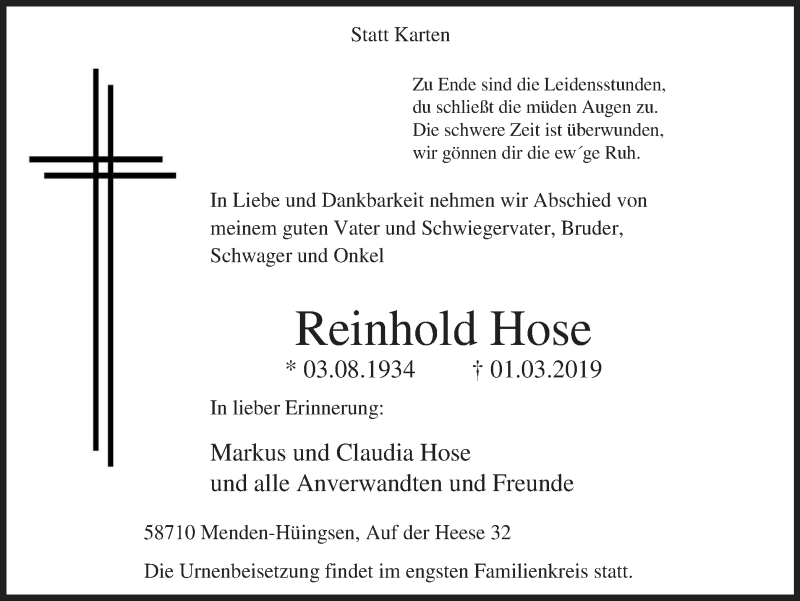  Traueranzeige für Reinhold Hose vom 06.03.2019 aus Stadtspiegel Menden + Froendenberg
