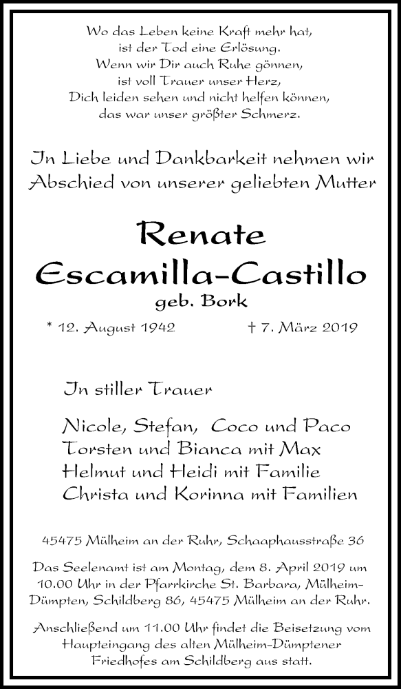  Traueranzeige für Renate Escamilla-Castillo vom 30.03.2019 aus Mülheimer Woche