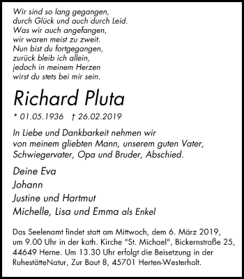 Traueranzeige von Richard Pluta von Wochenblatt Herne/Wanne-Eickel