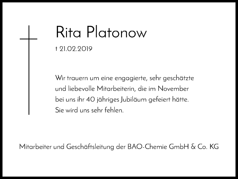  Traueranzeige für Rita Platonow vom 13.03.2019 aus Stadtspiegel Bottrop