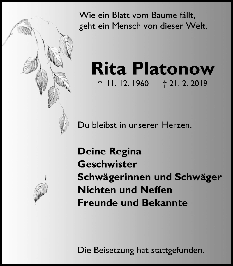  Traueranzeige für Rita Platonow vom 02.03.2019 aus Stadtspiegel Bottrop