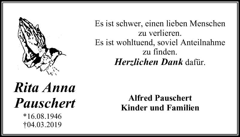  Traueranzeige für Rita Anna Pauschert vom 16.03.2019 aus Stadtanz.Castrop-Rauxel