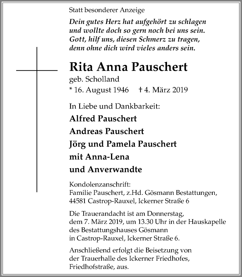  Traueranzeige für Rita Anna Pauschert vom 06.03.2019 aus Stadtanz.Castrop-Rauxel