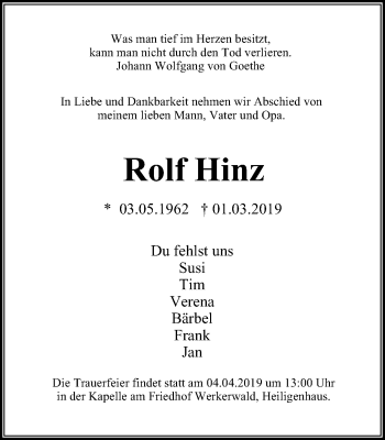 Traueranzeige von Rolf Hinz von Stadtanzeiger Velbert + Heiligenhaus