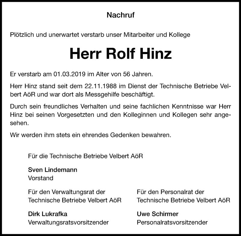  Traueranzeige für Rolf Hinz vom 09.03.2019 aus Stadtanzeiger Velbert + Heiligenhaus