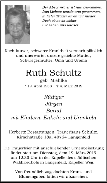 Traueranzeige von Ruth Schultz von Wochen-Anzeiger Langenfeld/Monheim/Hilden