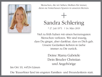 Traueranzeige von Sandra Schlering von Lüner Anzeiger