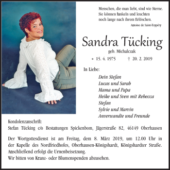 Traueranzeige von Sandra Tücking von Wochen-Anzeiger Oberhausen
