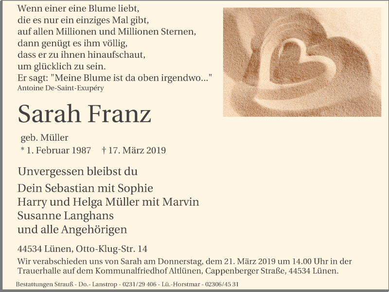  Traueranzeige für Sarah Franz vom 20.03.2019 aus Lüner Anzeiger