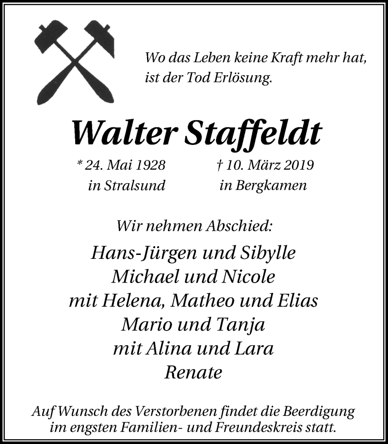  Traueranzeige für Walter Staffeldt vom 13.03.2019 aus Lüner Anzeiger