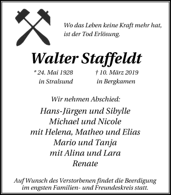 Traueranzeige von Walter Staffeldt von Lüner Anzeiger