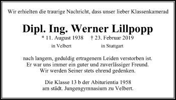 Traueranzeige von Werner Lillpopp von Stadtanzeiger Velbert + Heiligenhaus