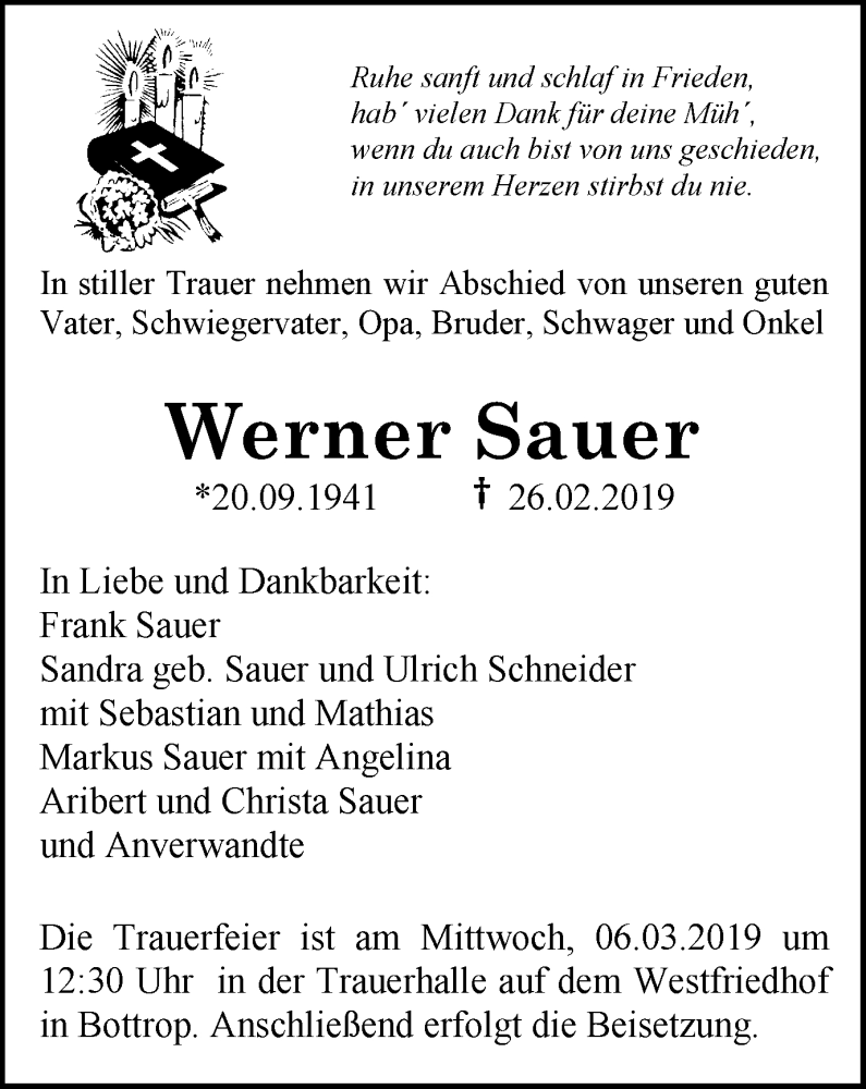  Traueranzeige für Werner Sauer vom 02.03.2019 aus Stadtspiegel Bottrop