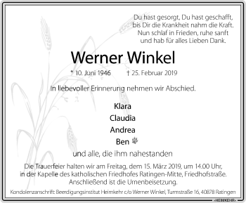 Traueranzeige von Werner Winkel von WVW Anzeigenblätter