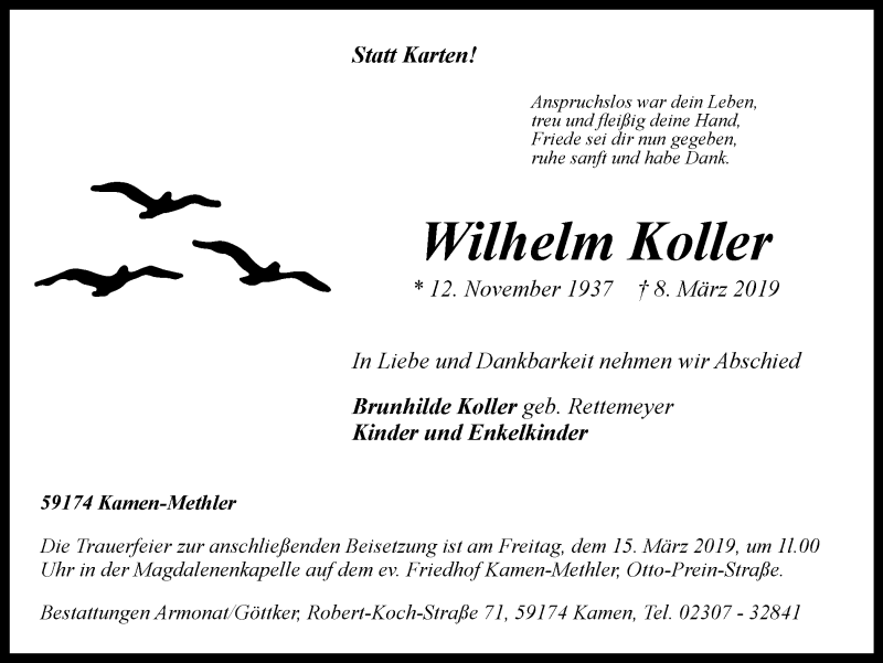  Traueranzeige für Wilhelm Koller vom 13.03.2019 aus Stadtspiegel Kamen + Unna