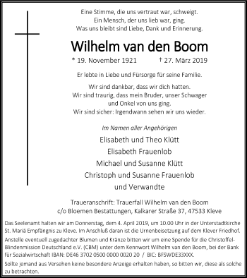 Traueranzeige von Wilhelm van den Boom von Klever Wochenblatt