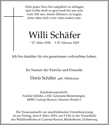 Traueranzeige von Willi Schäfer von Stadtanz.Castrop-Rauxel
