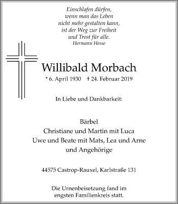 Traueranzeige von Willibald Morbach von Stadtanz.Castrop-Rauxel