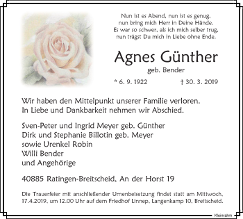 Traueranzeige von Agnes Günther von WVW Anzeigenblätter