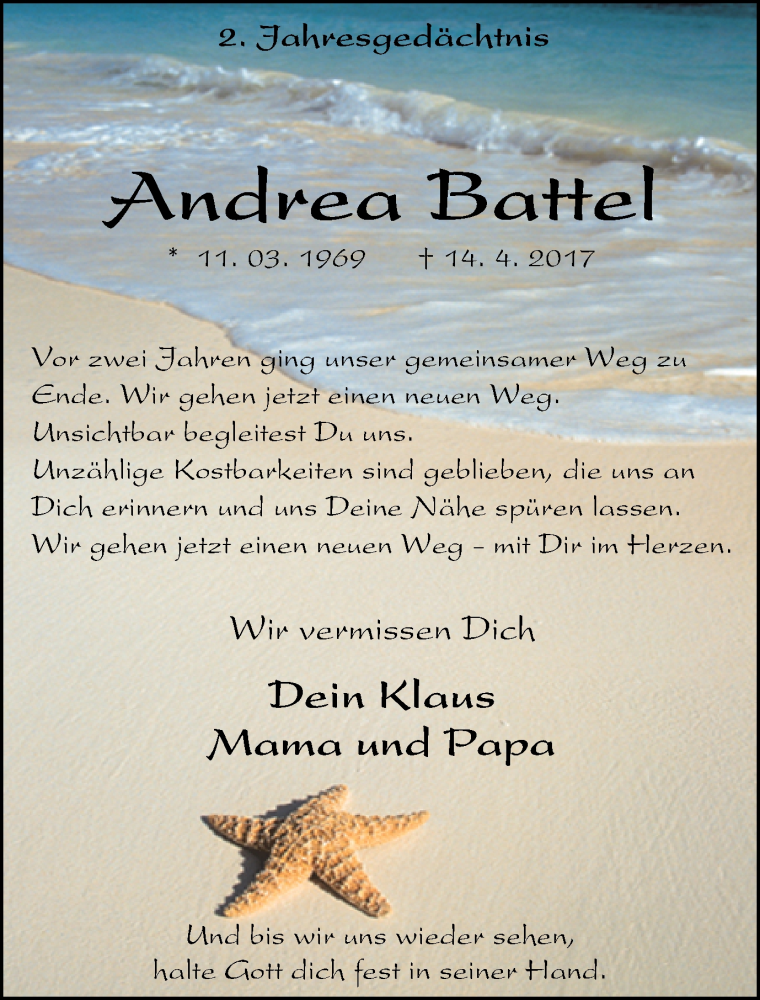  Traueranzeige für Andrea Battel vom 13.04.2019 aus Stadtspiegel Bottrop