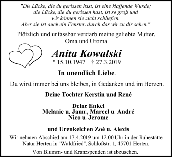 Traueranzeige von Anita Kowalski von Stadtspiegel Gladbeck