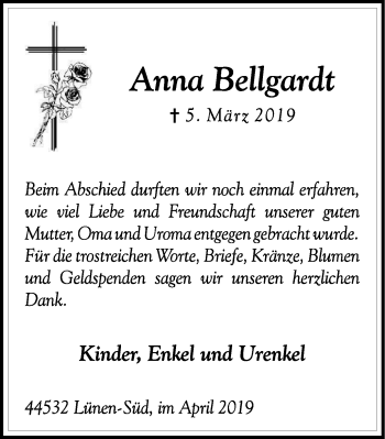 Traueranzeige von Anna Bellgardt von Lüner Anzeiger
