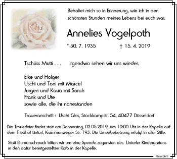 Traueranzeige von Annelies Vogelpoth von WVW Anzeigenblätter